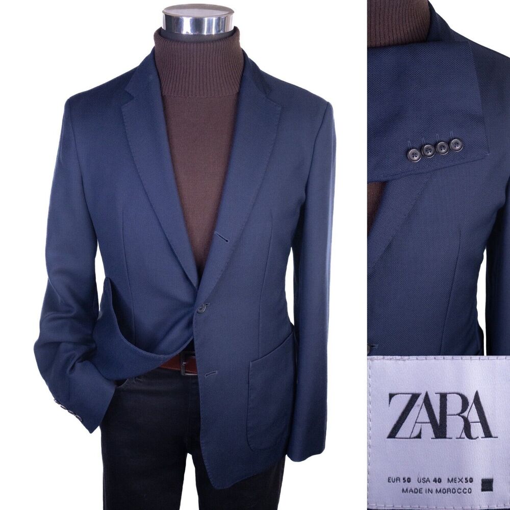 Zara Blazer Mens Sz 40 Solid Blue 3-Button Sport Coat Jacket Blazer WOOL